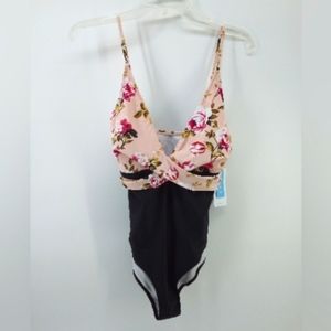 NWT Cupshe Floral Black 1 Piece Bathing Suit Swim Swimwear New with Tags L